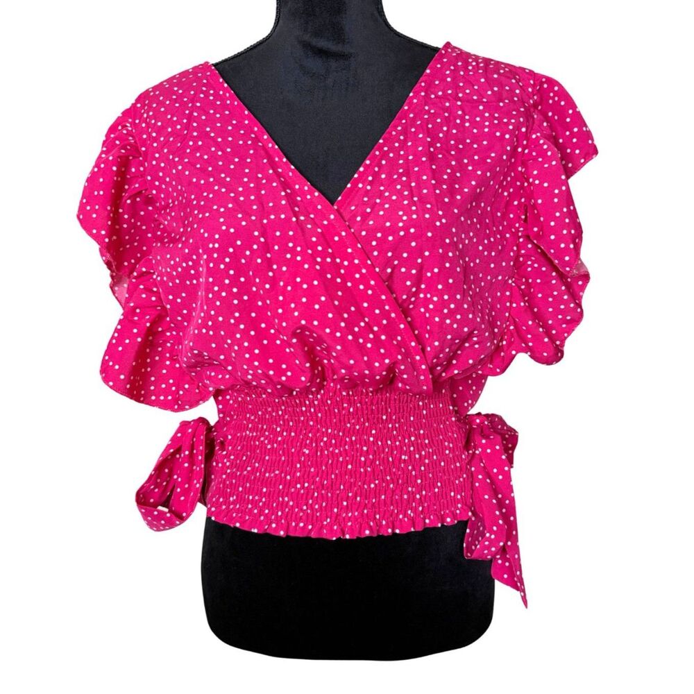 Shein Curve Ruffle Sleeves Pink White Polka Dot Top Women's Size 0XL